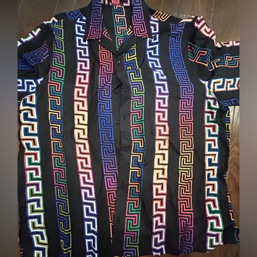 VERSACE Black Print Silk Camp Button Down Shirt (2/3 set)